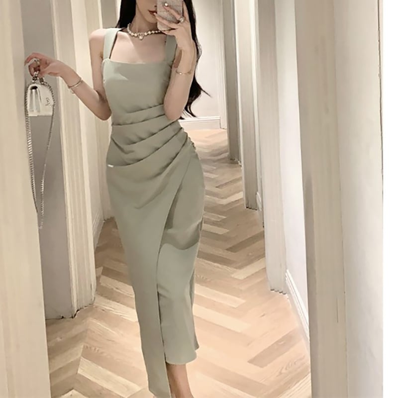 Elegant Satin Bodycon Dress - Summer Square Neck Sleeveless Midi Dress