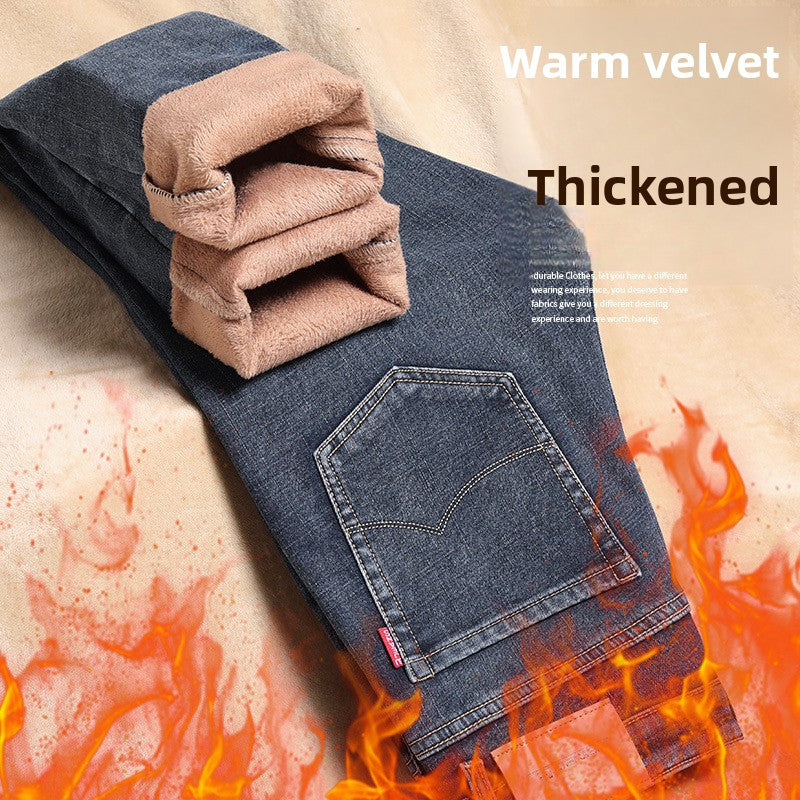 fleece-lined Thickened Jeans Men's Slim-fit