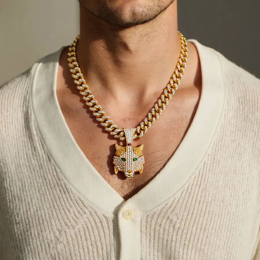 Animal Zinc Alloy Diamond Pendant Cuban Chain Necklace