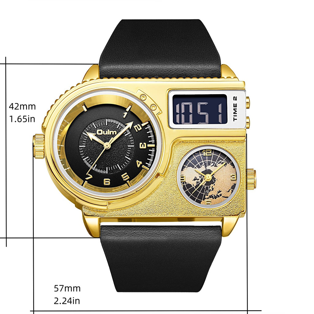 Men's Three-Movement Dual Display Quartz Watch with Luminous Feature