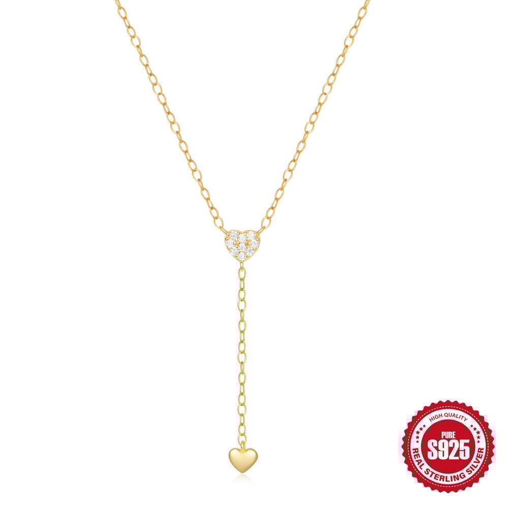 Pure silver tassel Y-shaped double-heart diamond-encrusted collarbone chain, a high-end and elegant necklace accessory