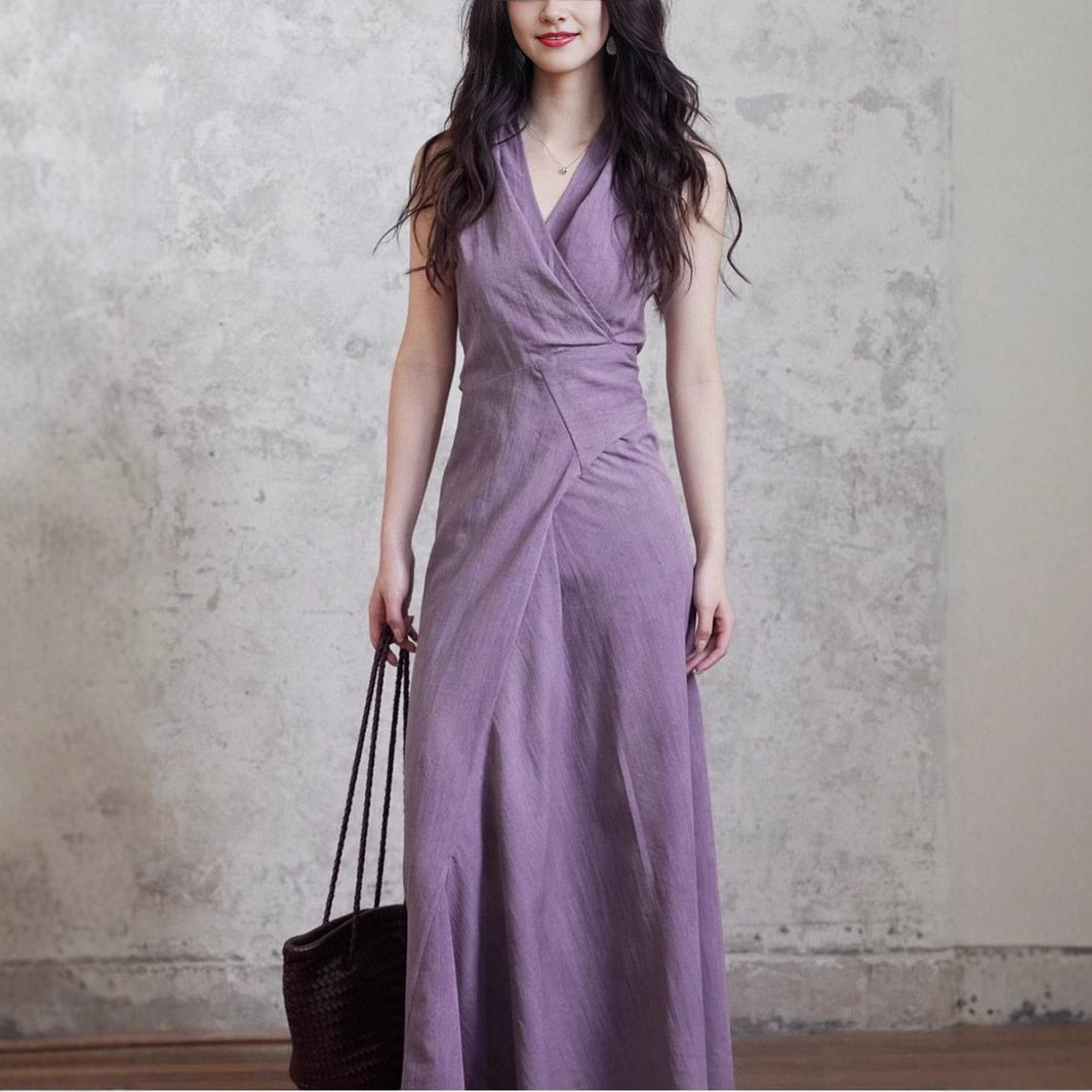 A stylish purple V-neck halter-neck long dress with a lace-up design for women