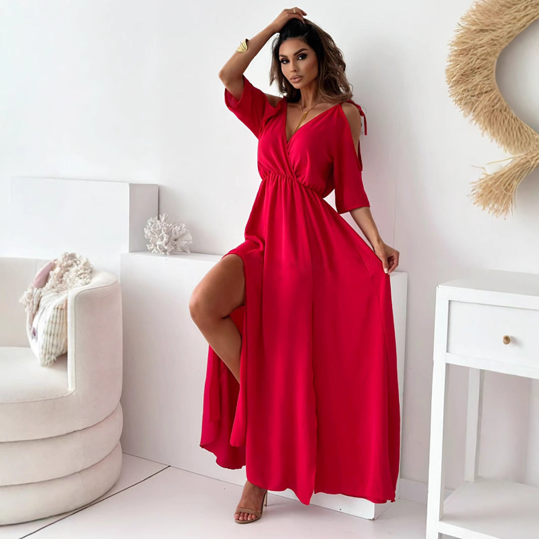 Off-Shoulder Bell Sleeve V-Neck Ruffle Split Dress